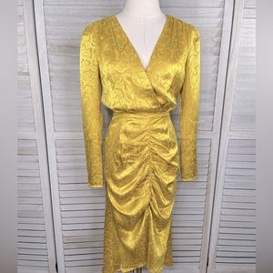 WAYF Ronni Ruched Long Sleeve Midi Dress Yellow Jacquard Snake Print-XS